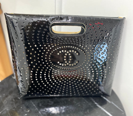 CHANEL CC PERFORATED PATENT CLUTCH BAG