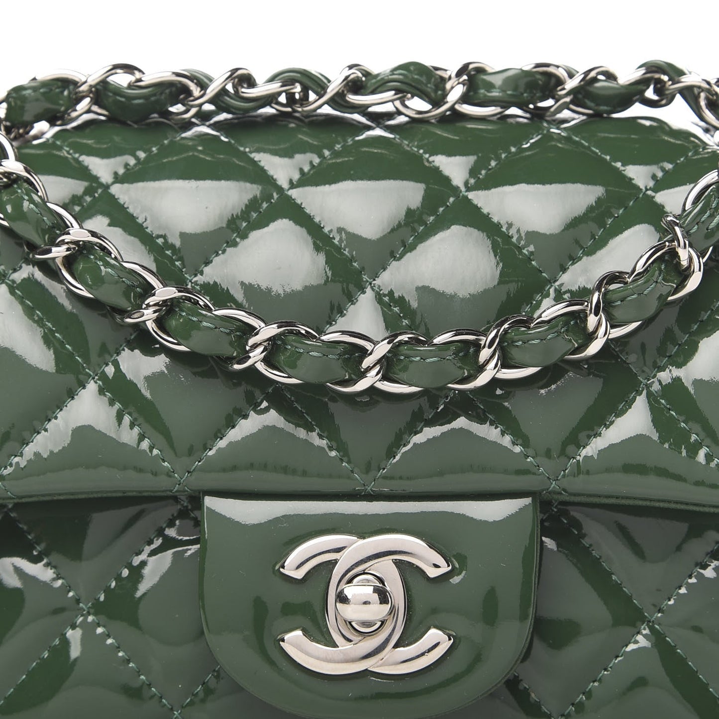 CHANEL PATENT CALFSKIN QUILTED MINI FLAP BAG IN EMERALD GREEN