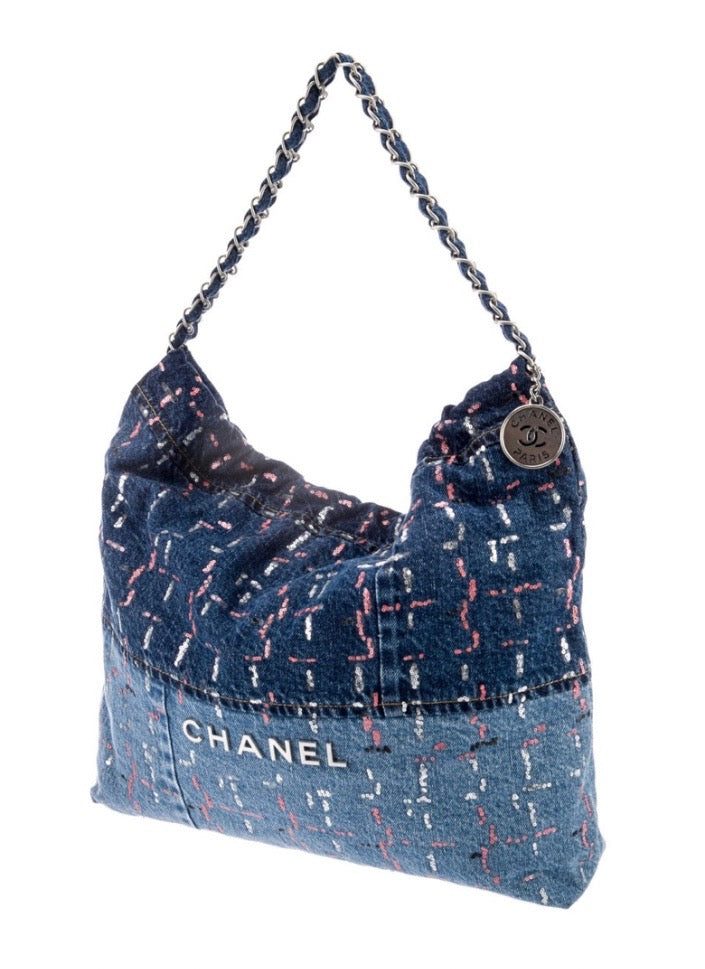 CHANEL DENIM SEQUIN 22 HOBO BAG