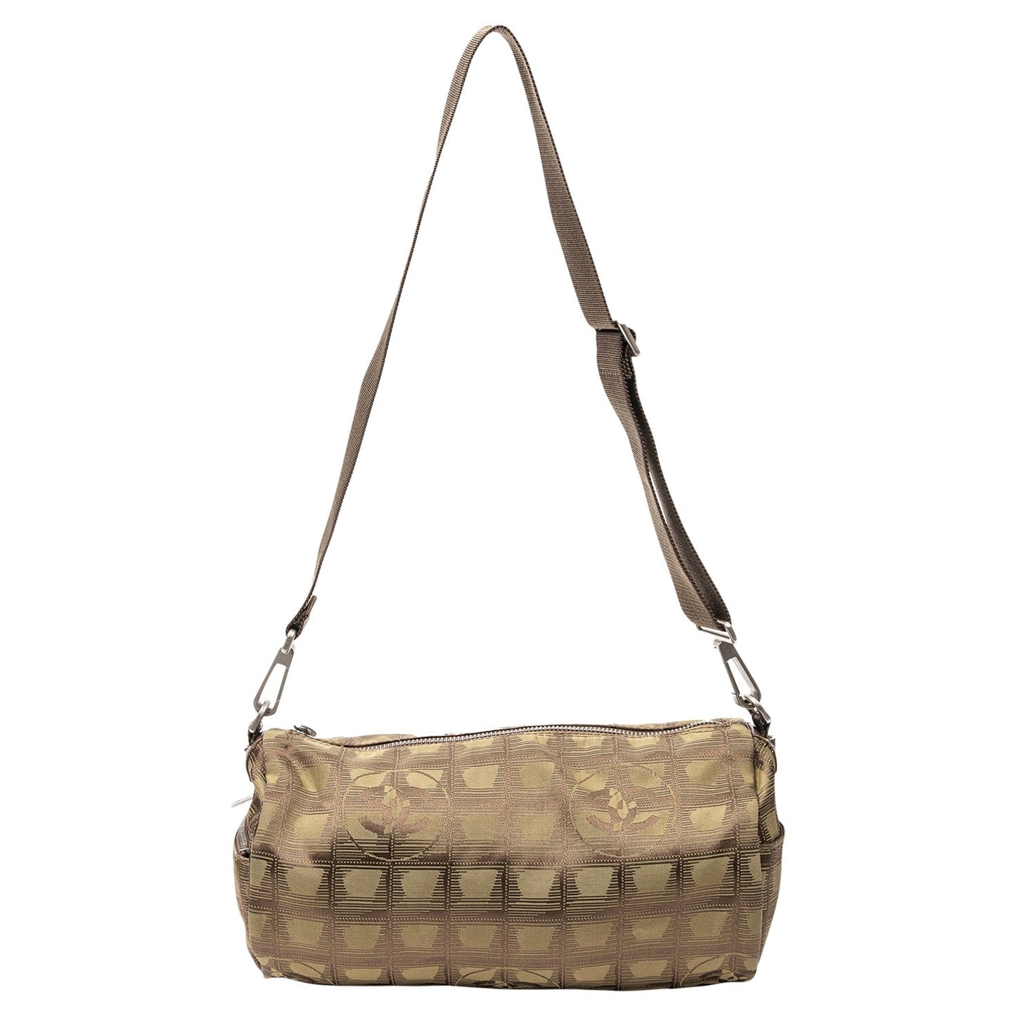 CHANEL TRAVEL LINE NYLON JACQUARD LEATHER MINI ROLL BAG
