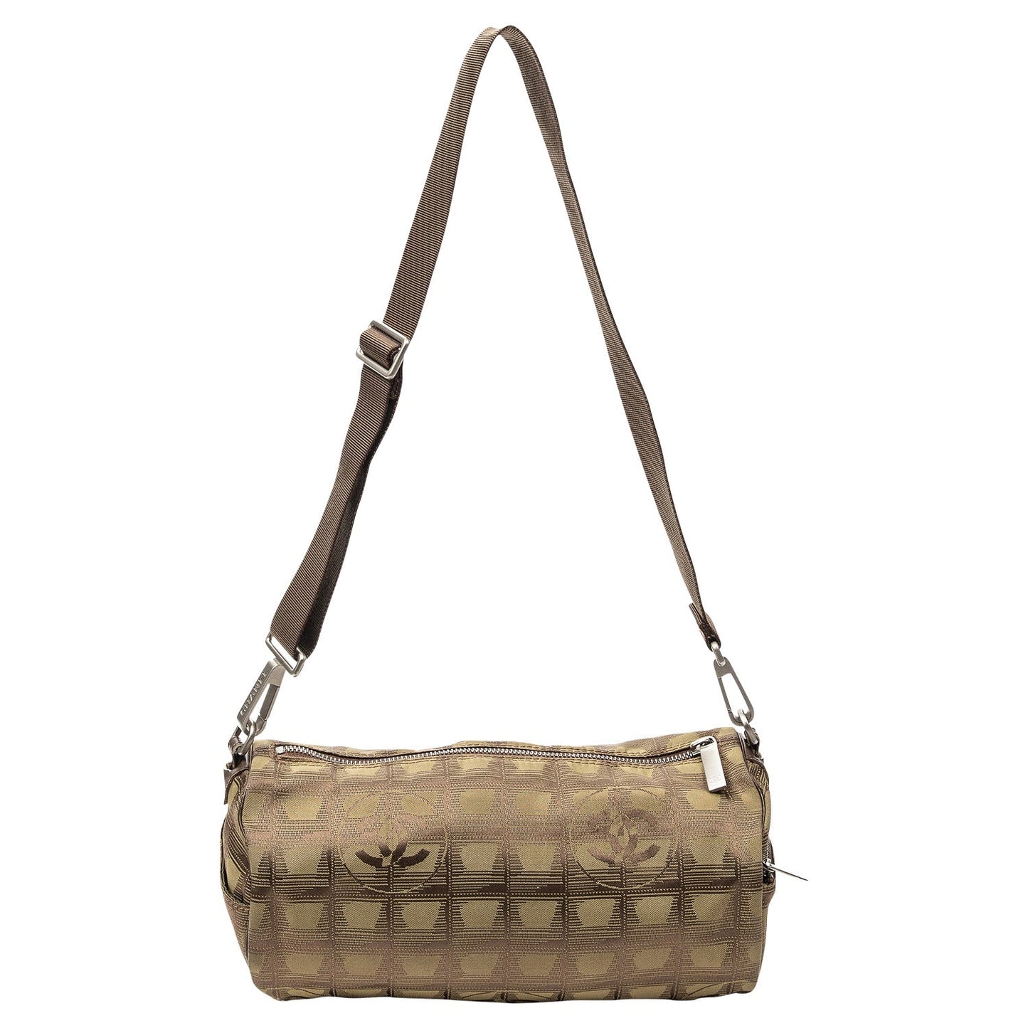 CHANEL TRAVEL LINE NYLON JACQUARD LEATHER MINI ROLL BAG