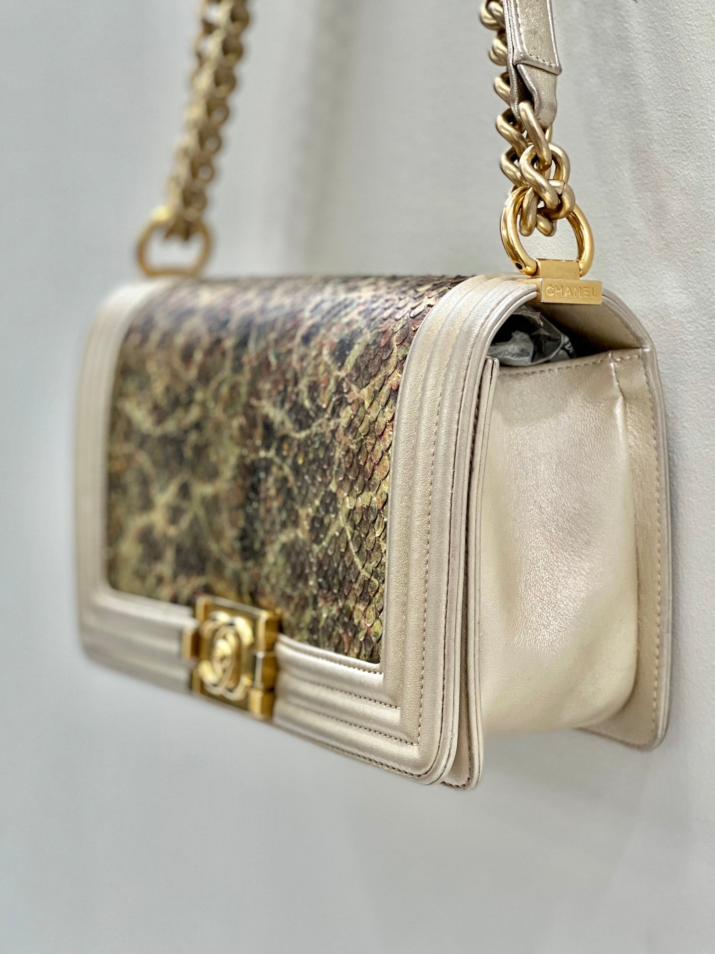 Chanel Boy Metallic Gold Python Flap Bag