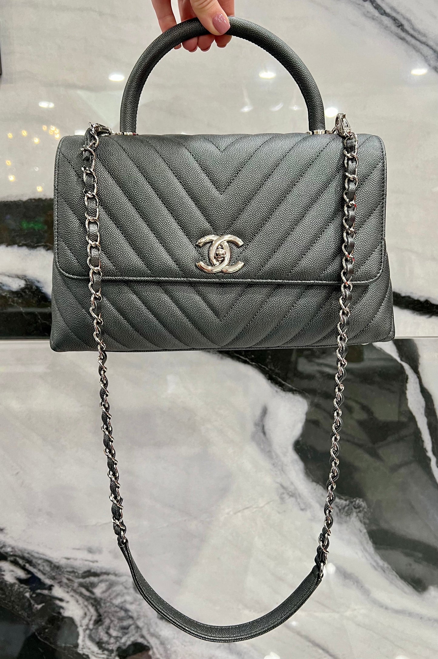 CHANEL CAVIAR METALLIC GRAPHITE MEDIUM COCO HANDBAG
