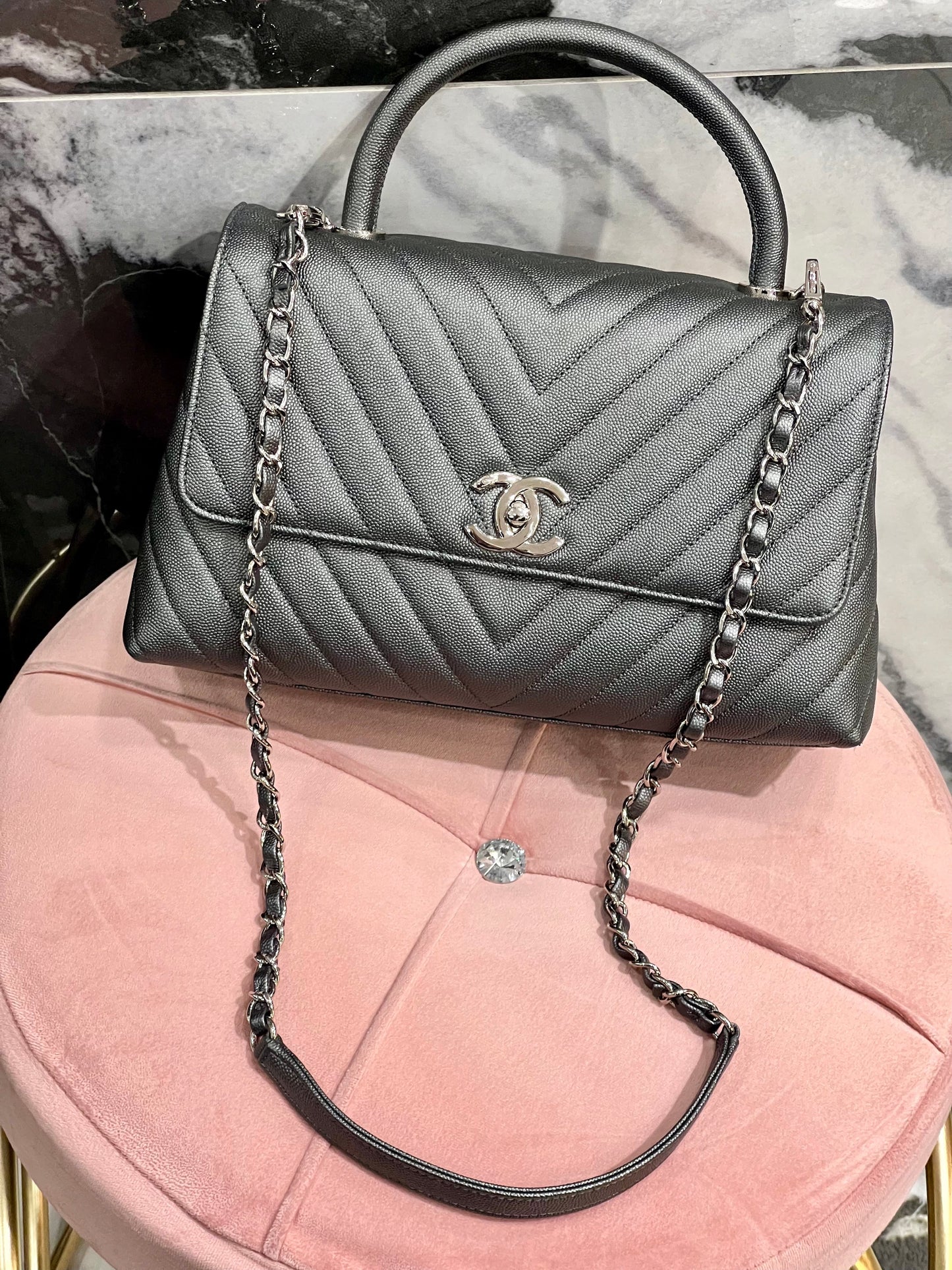 CHANEL CAVIAR METALLIC GRAPHITE MEDIUM COCO HANDBAG