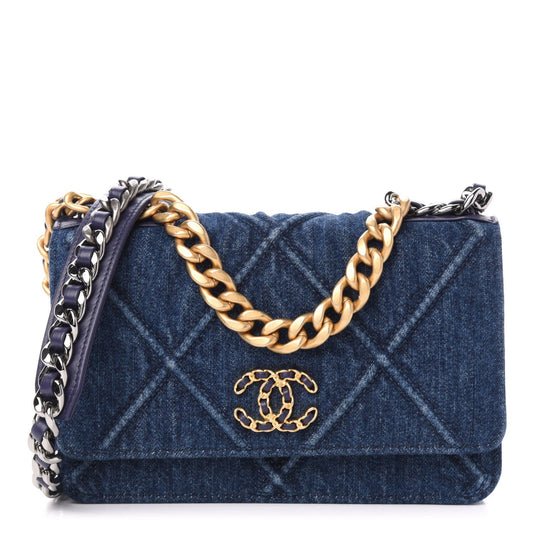 CHANEL DENIM QUILTED CHANEL 19 WALLET ON CHAIN