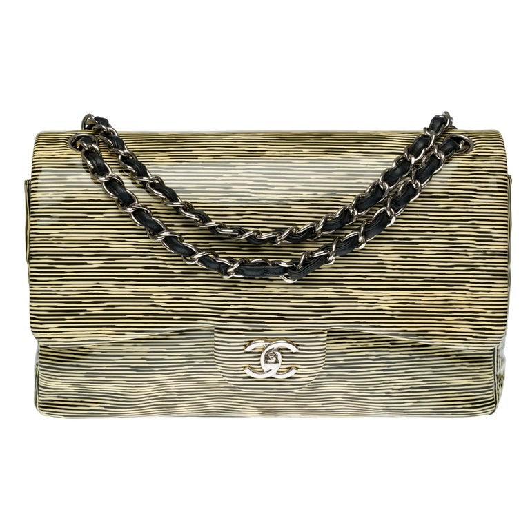 CHANEL Patent Calfskin Striped Jumbo Double Flap