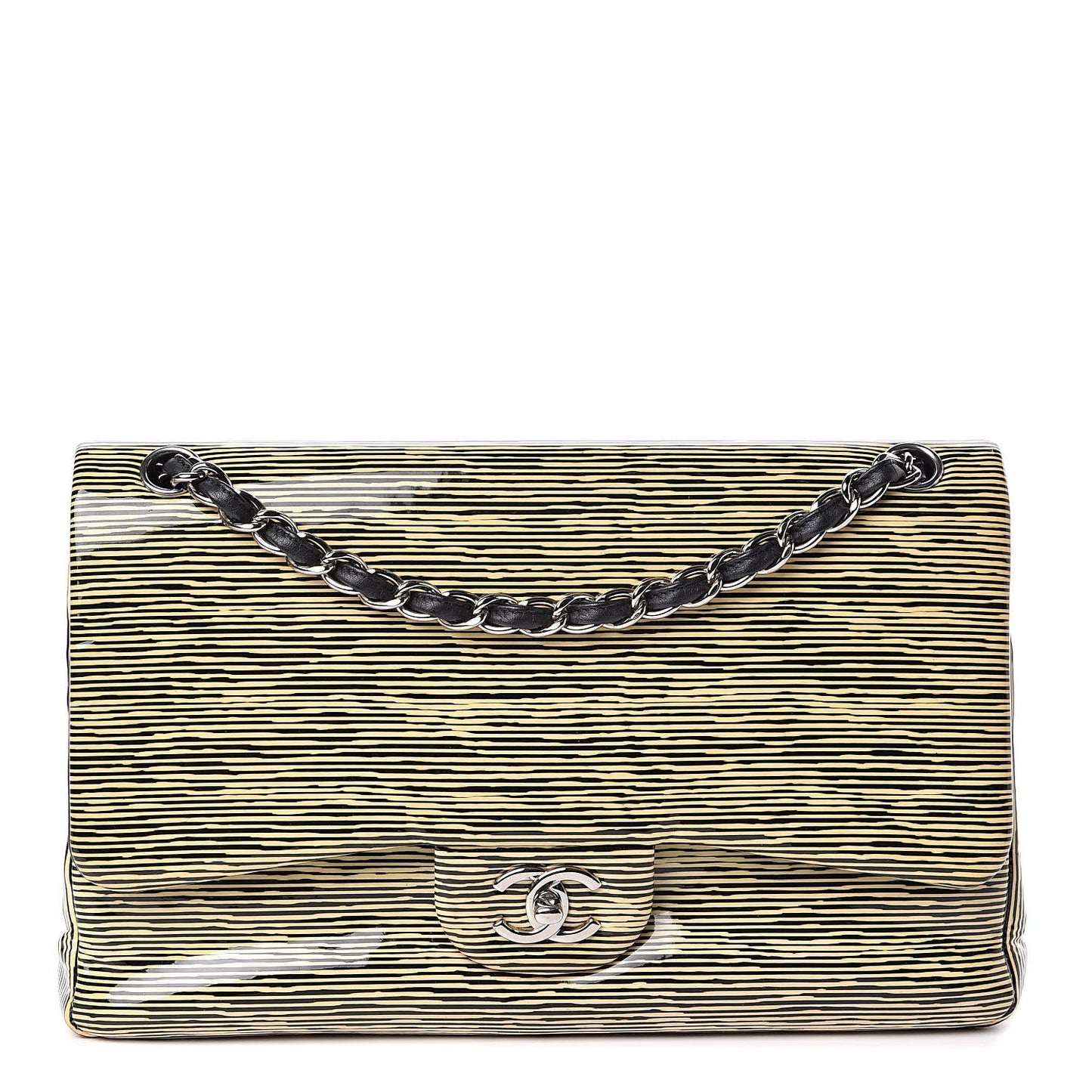 CHANEL Patent Calfskin Striped Jumbo Double Flap