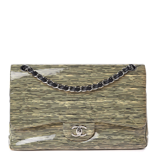 CHANEL Patent Calfskin Striped Jumbo Double Flap