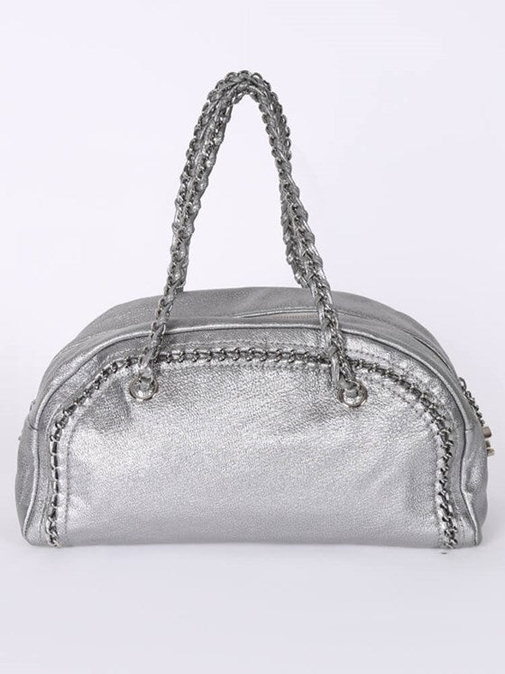 CHANEL LUXE LIGNE METALLIC SILVER LEATHER BOWLER BAG