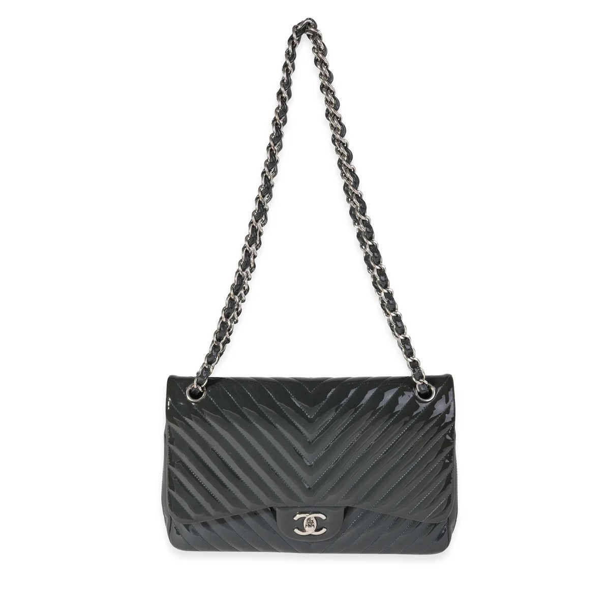 CHANEL PATENT CHEVRON QUILTED MAXI CLASSIC FLAP BAG
