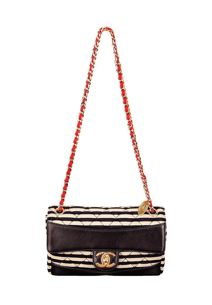 CHANEL STRIPED JERSEY LAMBSKIN COCO SAILOR SMALL BAG