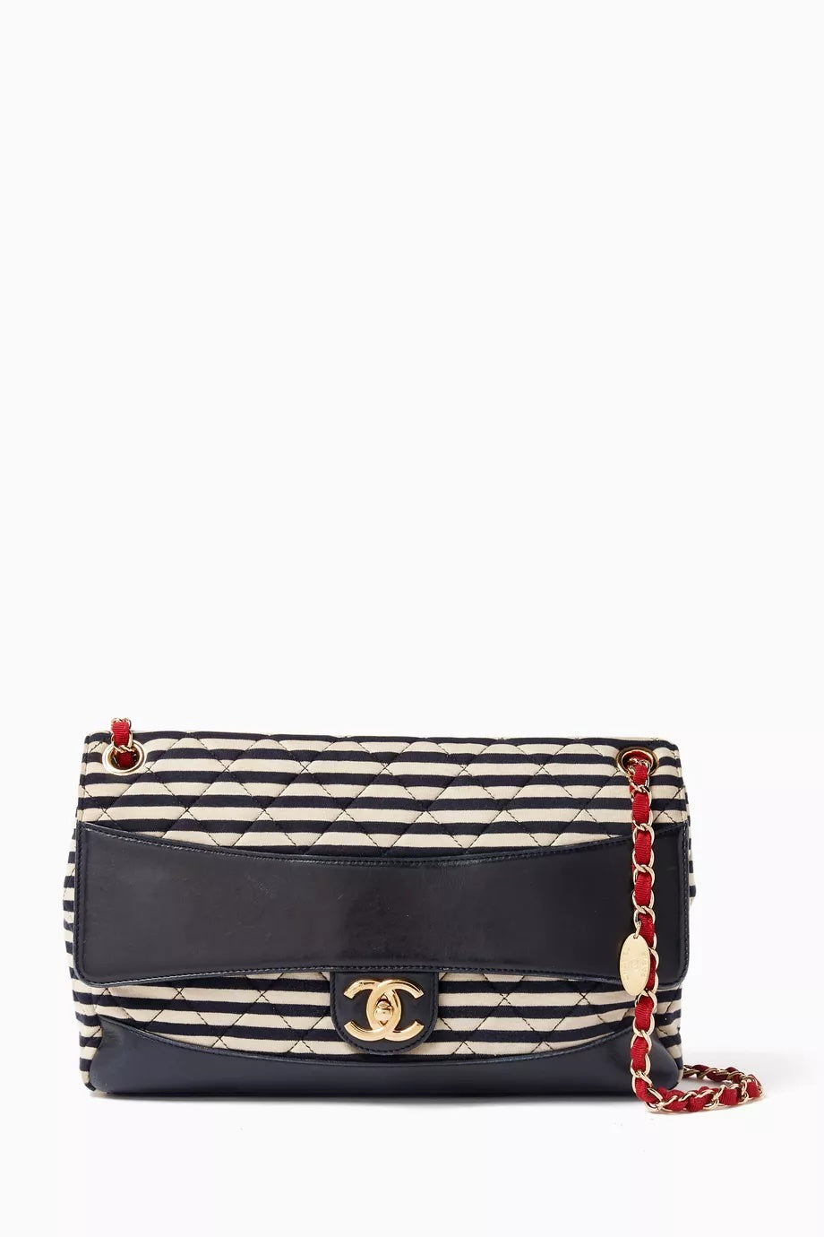 CHANEL STRIPED JERSEY LAMBSKIN COCO SAILOR SMALL BAG