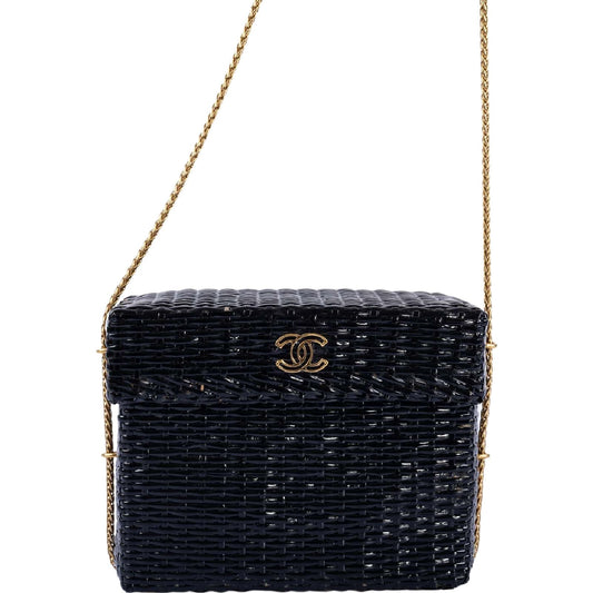 Chanel Vintage Black Wicker CC Picnic Lunch Basket Box Bag Gold Hardware