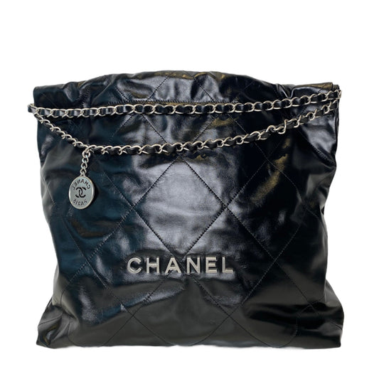 Chanel Calfskin Black Shiny Bag Medium Silver Hardware