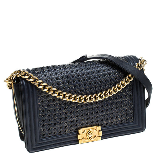CHANEL WOVEN LEATHER MEDIUM BOY FLAP BAG-HS