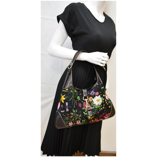 GUCCI Flora Jackie O Bouvier Floral Printed Canvas Hobo Bag Black 153029 - 15% OFF