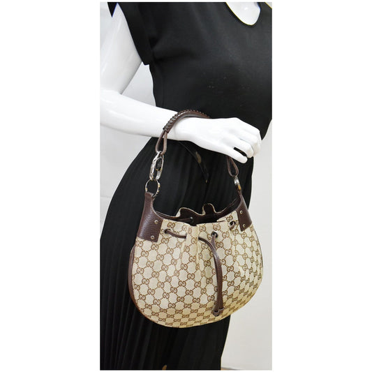 GUCCI Drawstring GG Monogram Canvas Hobo Bag Beige 115006