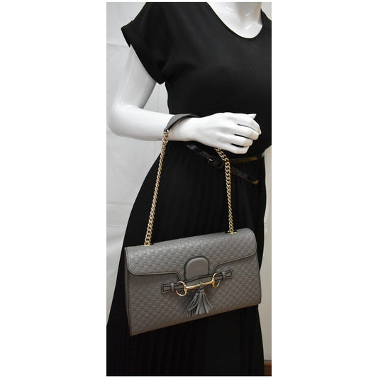 GUCCI Emily Medium GG Guccissima Leather Chain Shoulder Bag 449635 Gray