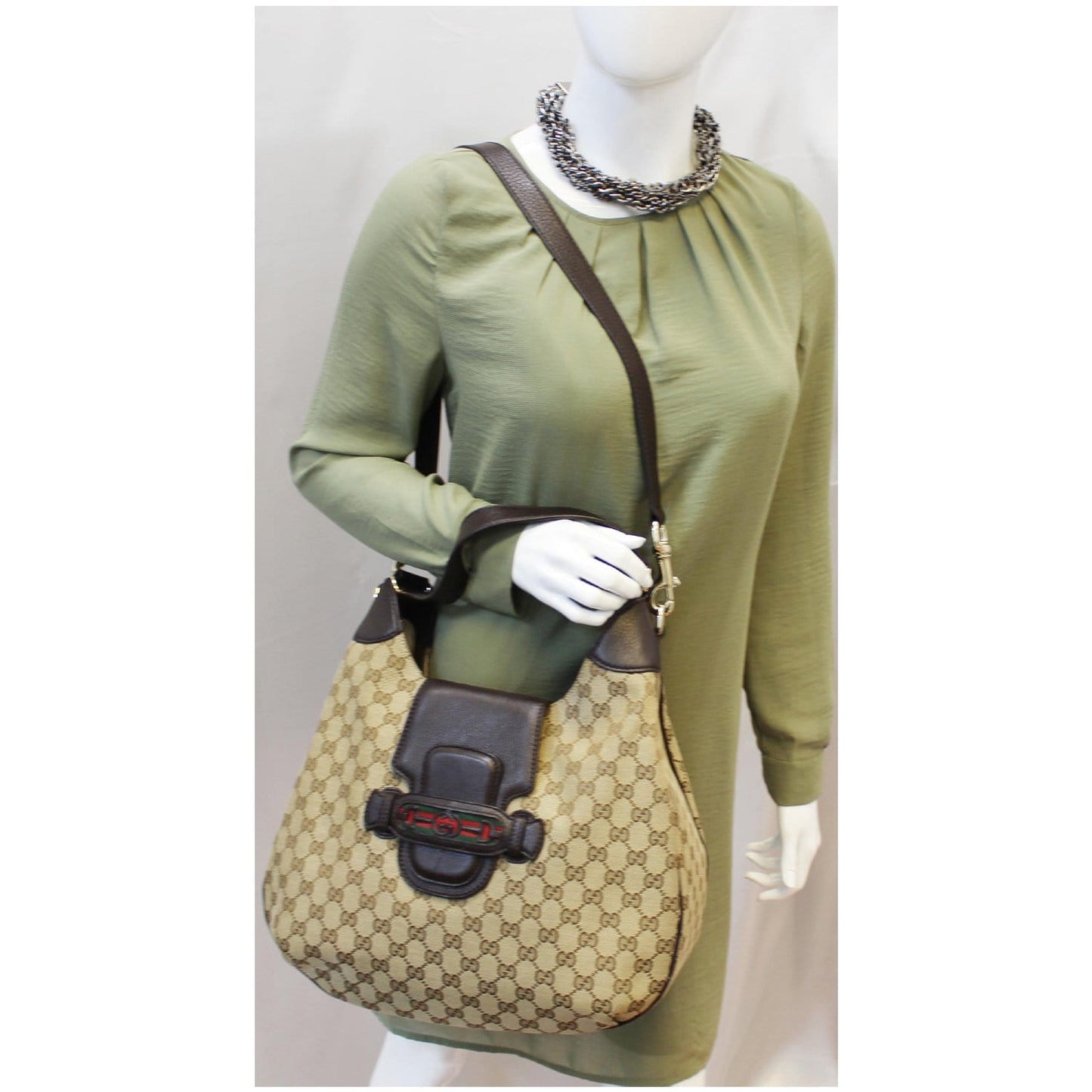 GUCCI Dressage Monogram Web Hobo Bag Dark Brown