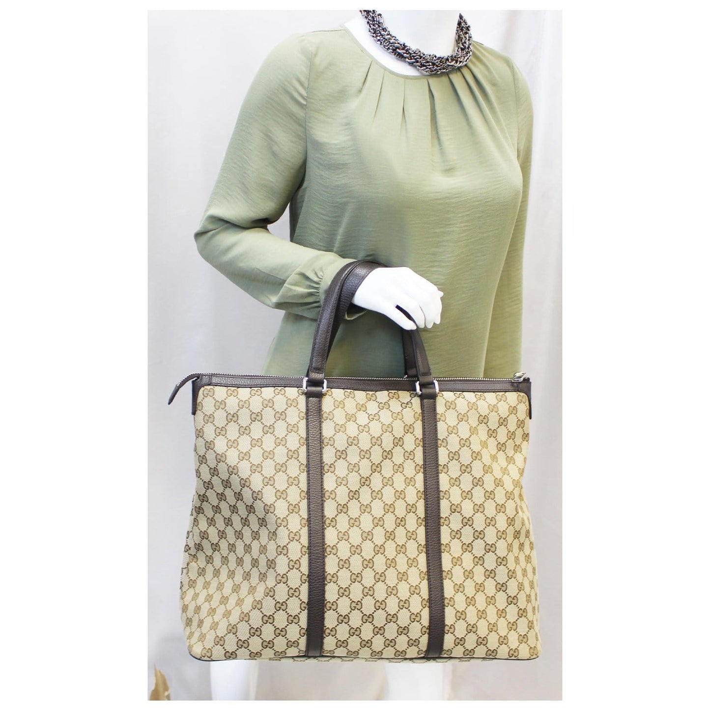 GUCCI GG Canvas Tote Travel Bag Beige