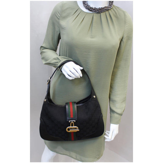 GUCCI GG Canvas Web Hobo Bag Black 130779