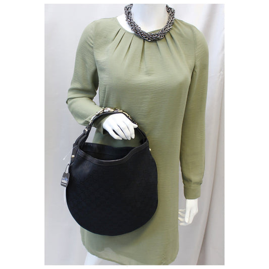 GUCCI GG Canvas Horsebit Medium Wave Hobo Bag Black