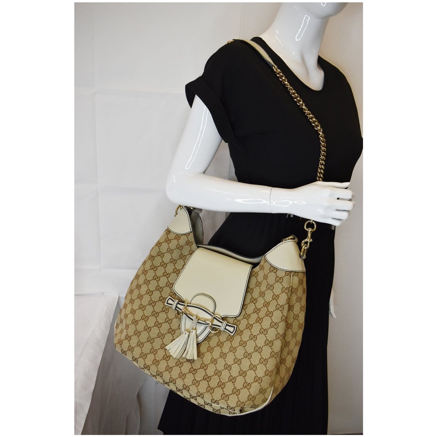 GUCCI Emily Medium GG Canvas Hobo Shoulder Bag Beige 322226