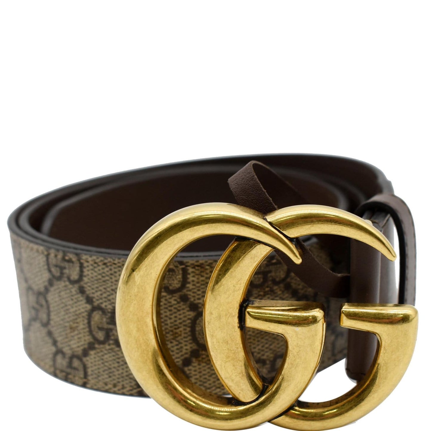 GUCCI Double G Buckle GG Canvas Leather Belt Brown 400593