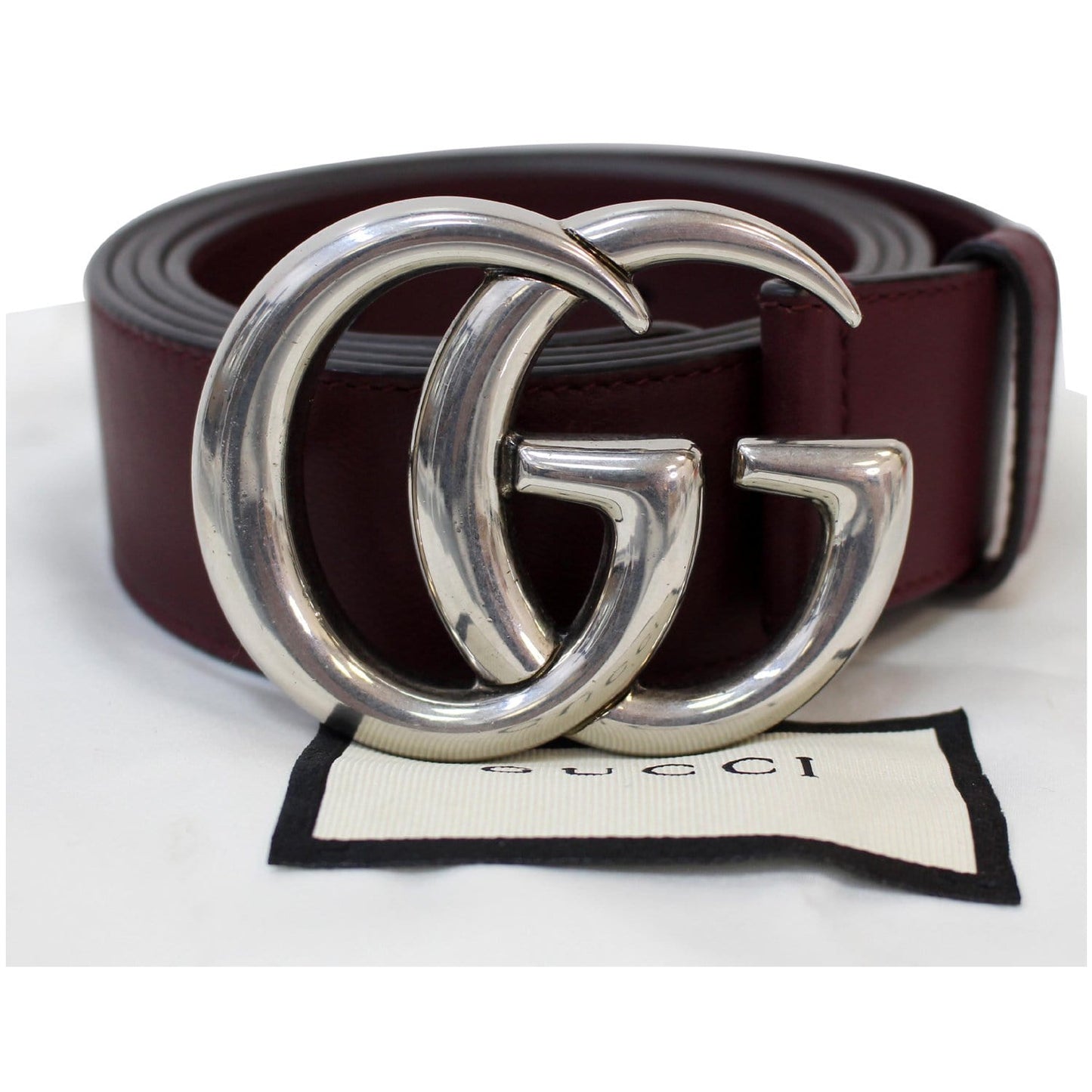 GUCCI Double G Buckle Leather Belt Size 44 Burgundy