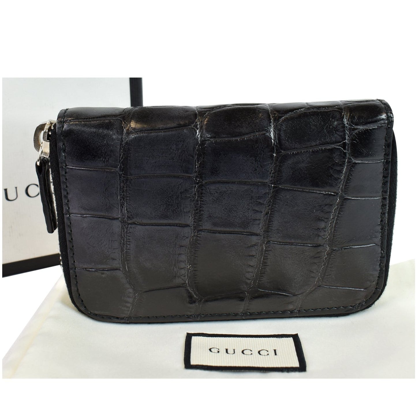GUCCI Embossed Crocodile Zip Around Bifold Wallet Black 256235 - Final Sale