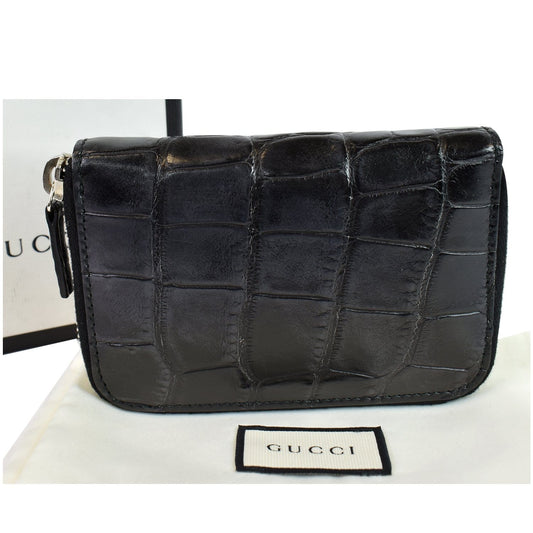GUCCI Embossed Crocodile Zip Around Bifold Wallet Black 256235 - Final Sale