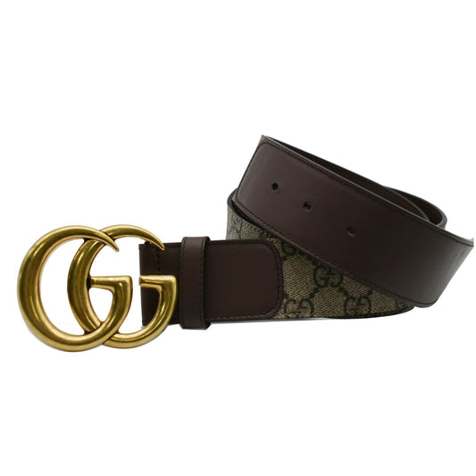 GUCCI Double G Buckle GG Canvas Leather Belt Brown 400593