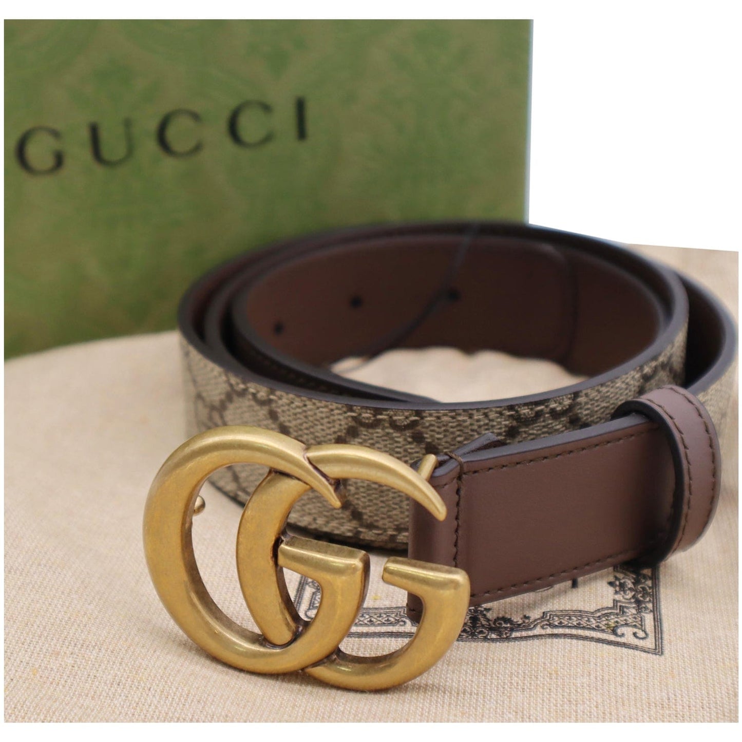 GUCCI Double G Buckle GG Supreme Leather Belt Beige 625839 Size 90.36