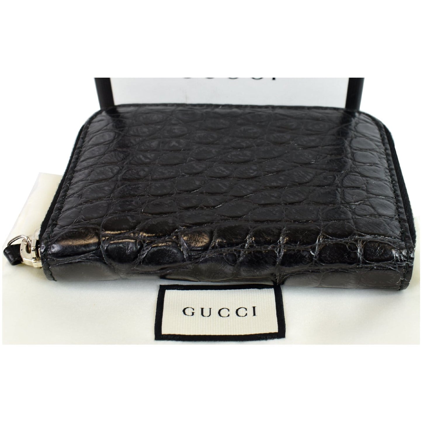 GUCCI Embossed Crocodile Zip Around Bifold Wallet Black 256235 - Final Sale