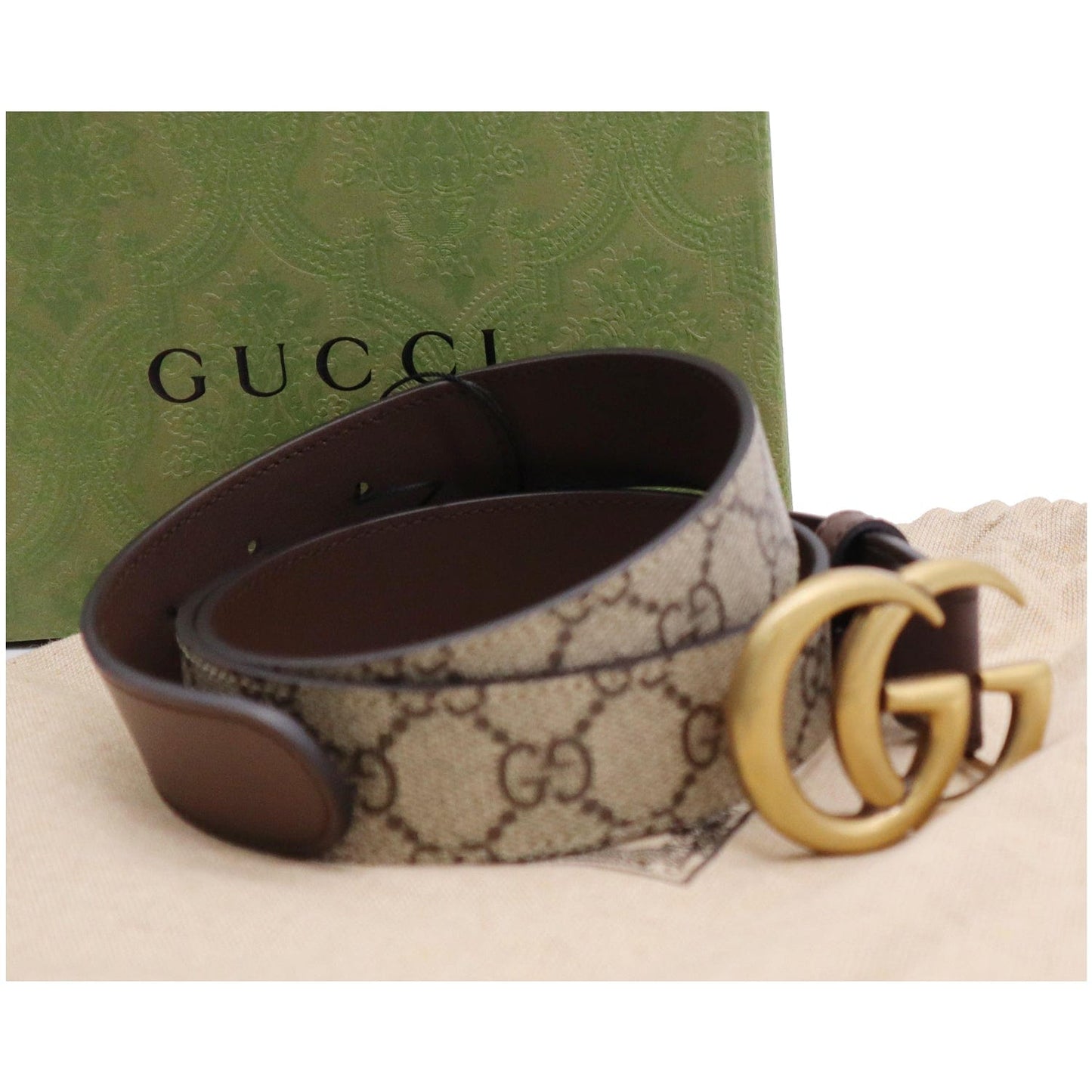 GUCCI Double G Buckle GG Supreme Leather Belt Beige 625839 Size 90.36