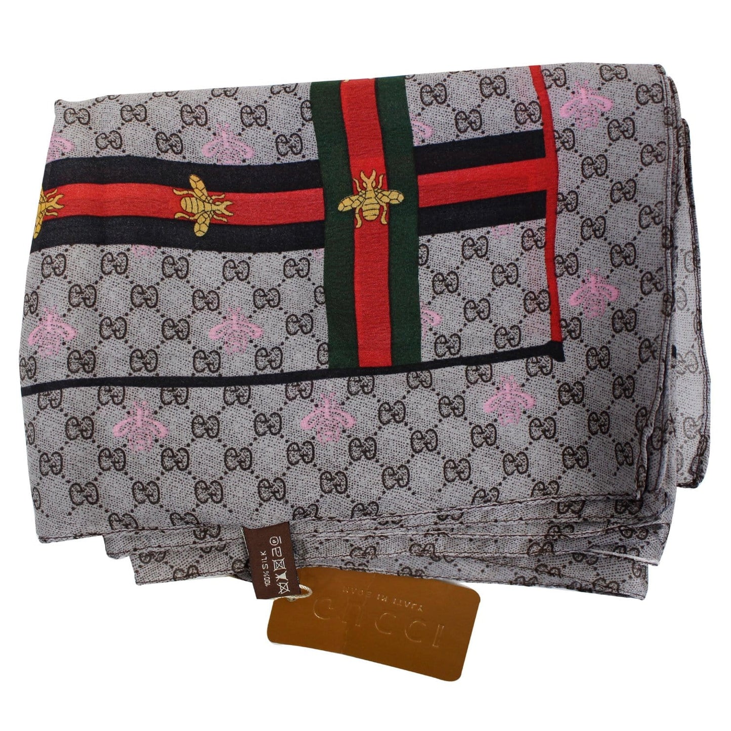 GUCCI GG Web Bee Silk Scarf Beige