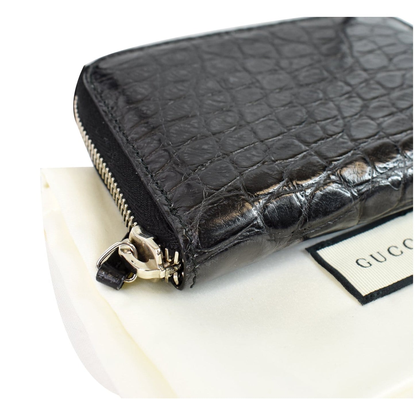 GUCCI Embossed Crocodile Zip Around Bifold Wallet Black 256235 - Final Sale