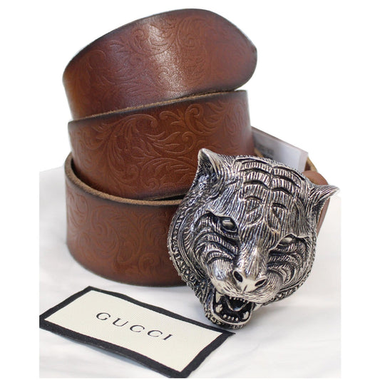 GUCCI Feline Buckle Calfskin Leather Belt Brown Size 75.30 - Last Call