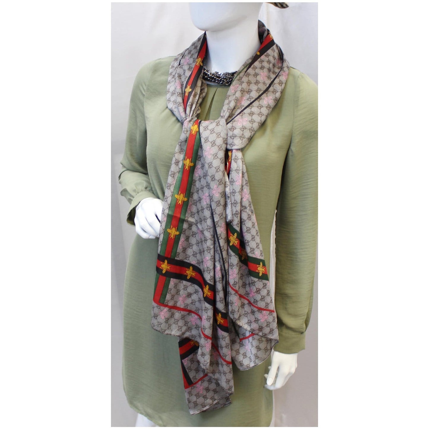 GUCCI GG Web Bee Silk Scarf Beige