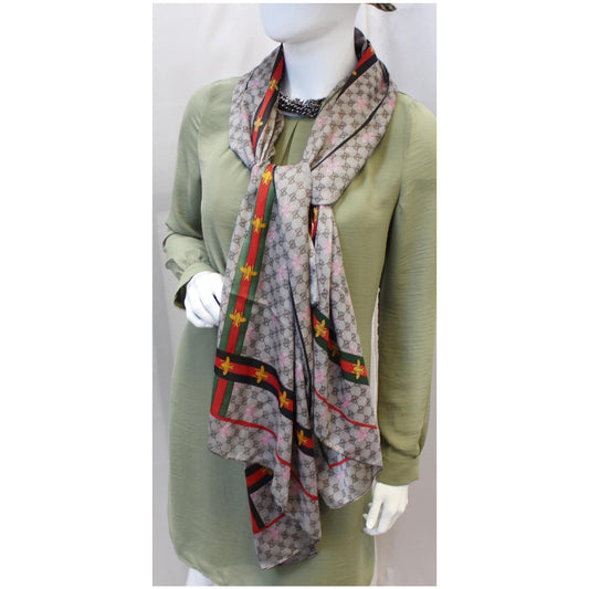 GUCCI GG Web Bee Silk Scarf Beige