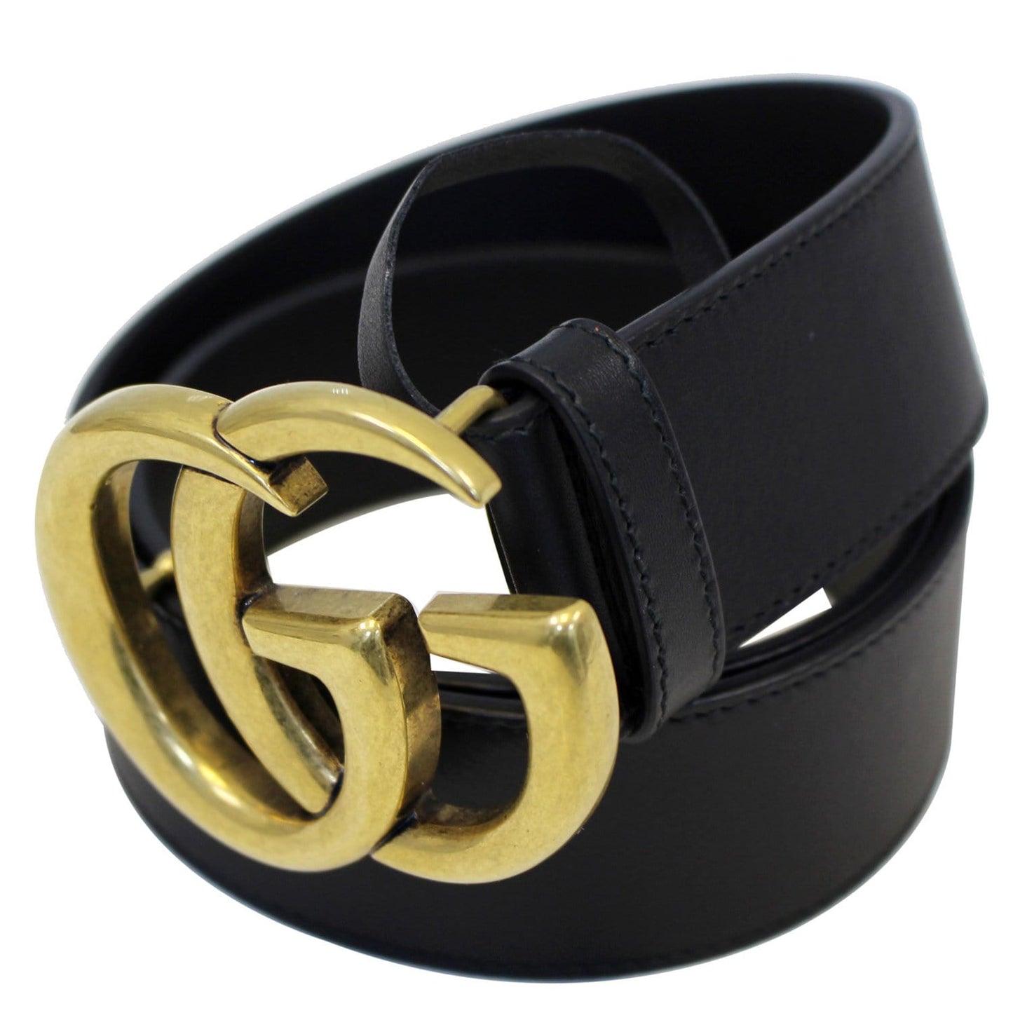 GUCCI Double G Buckle Black Leather Belt Size 35