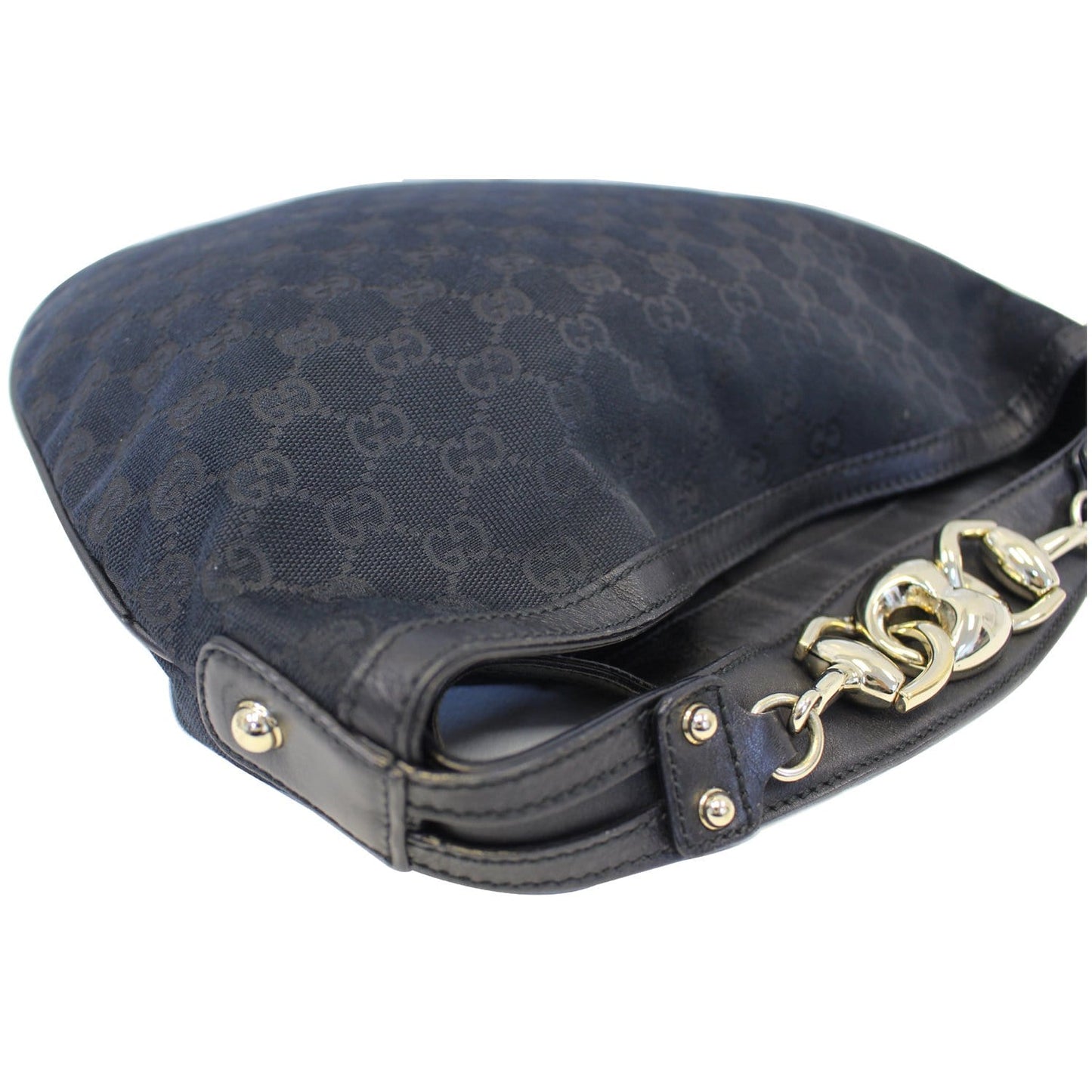 GUCCI GG Canvas Horsebit Medium Wave Hobo Bag Black