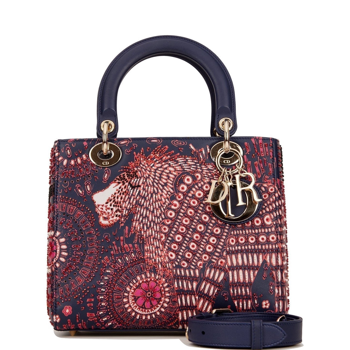 Christian Dior Medium Lady Dior Tote Navy Beaded Leather Gold Hardware