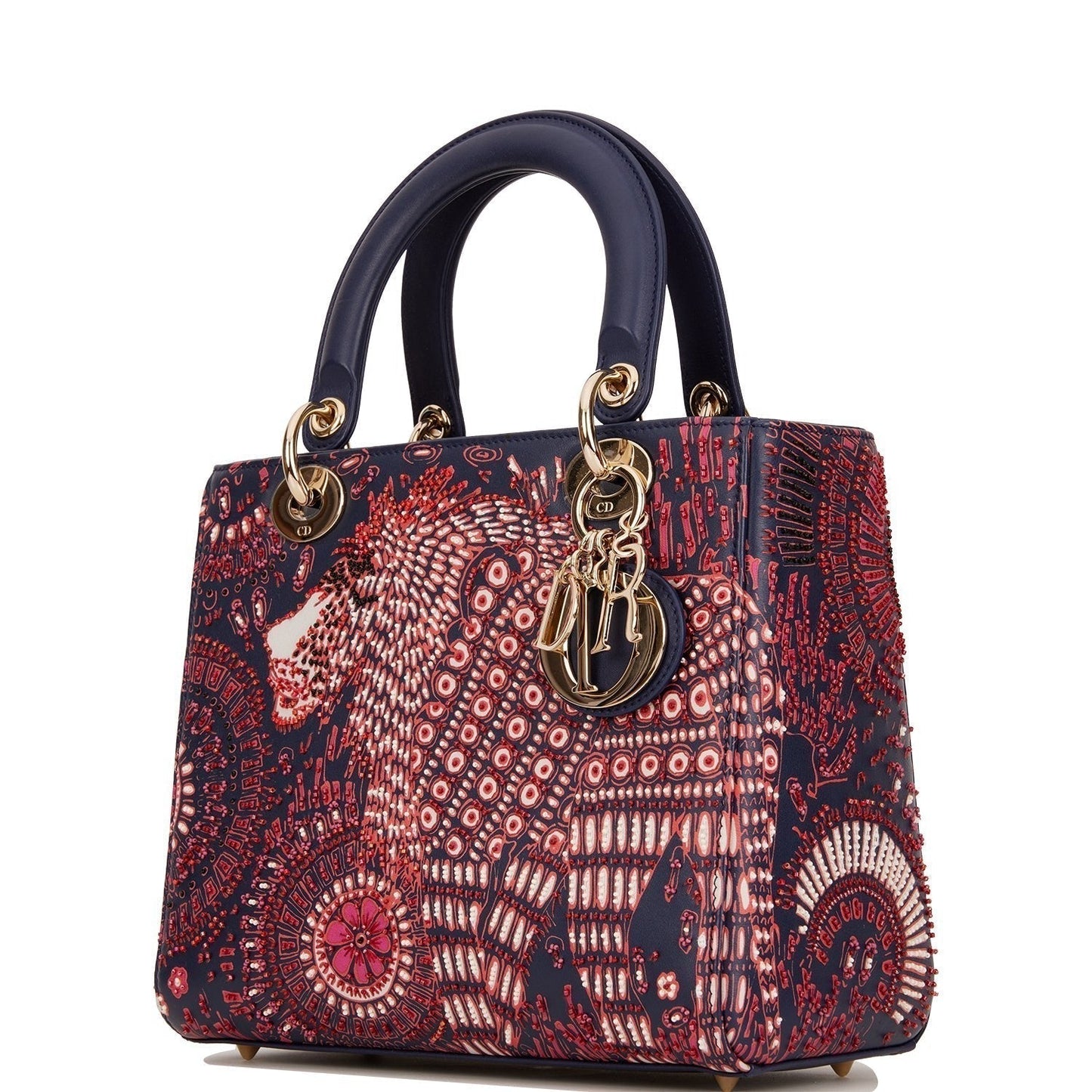 Christian Dior Medium Lady Dior Tote Navy Beaded Leather Gold Hardware