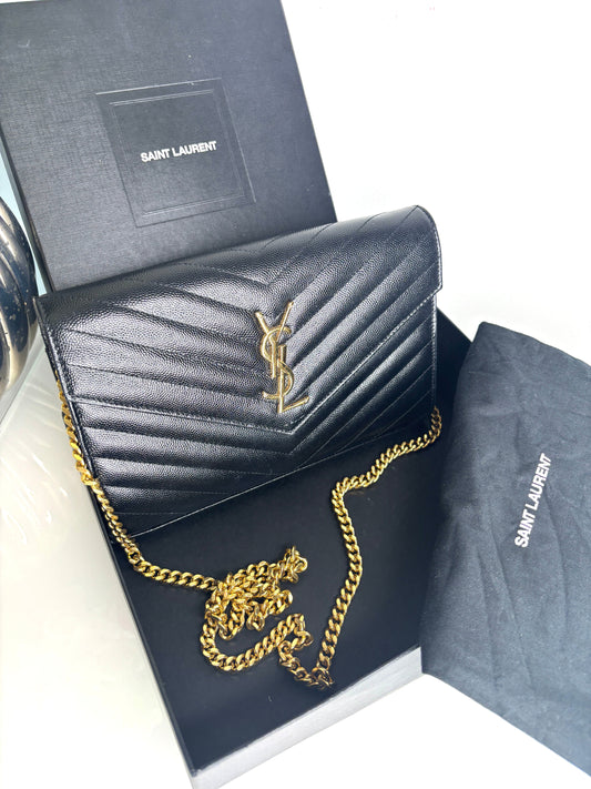 Saint Laurent Preloved YSL Cassandre Black Grain De Poudre Chain Wallet Cross-Body Bag