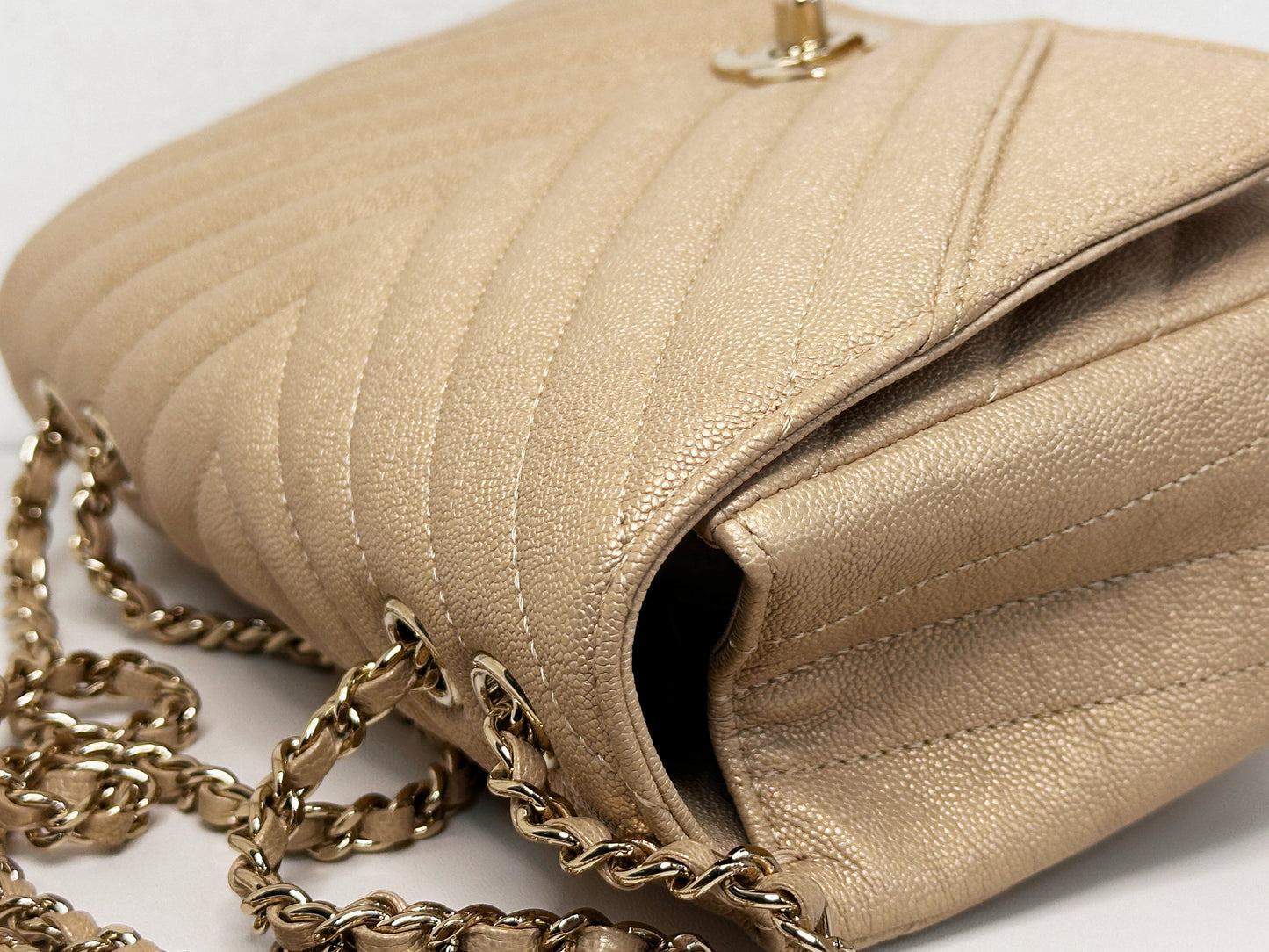 Chanel Mini Statement Metallic Caviar Chevron Quilted Flap Beige LGHW 2835 holo card