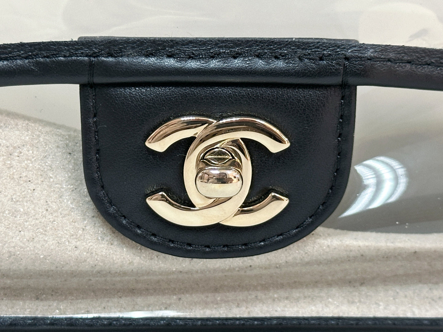 Chanel Medium Lambskin CoCo Sand PVC Sand By The Sea Flap With Pearl Strap Black 2745 holo card