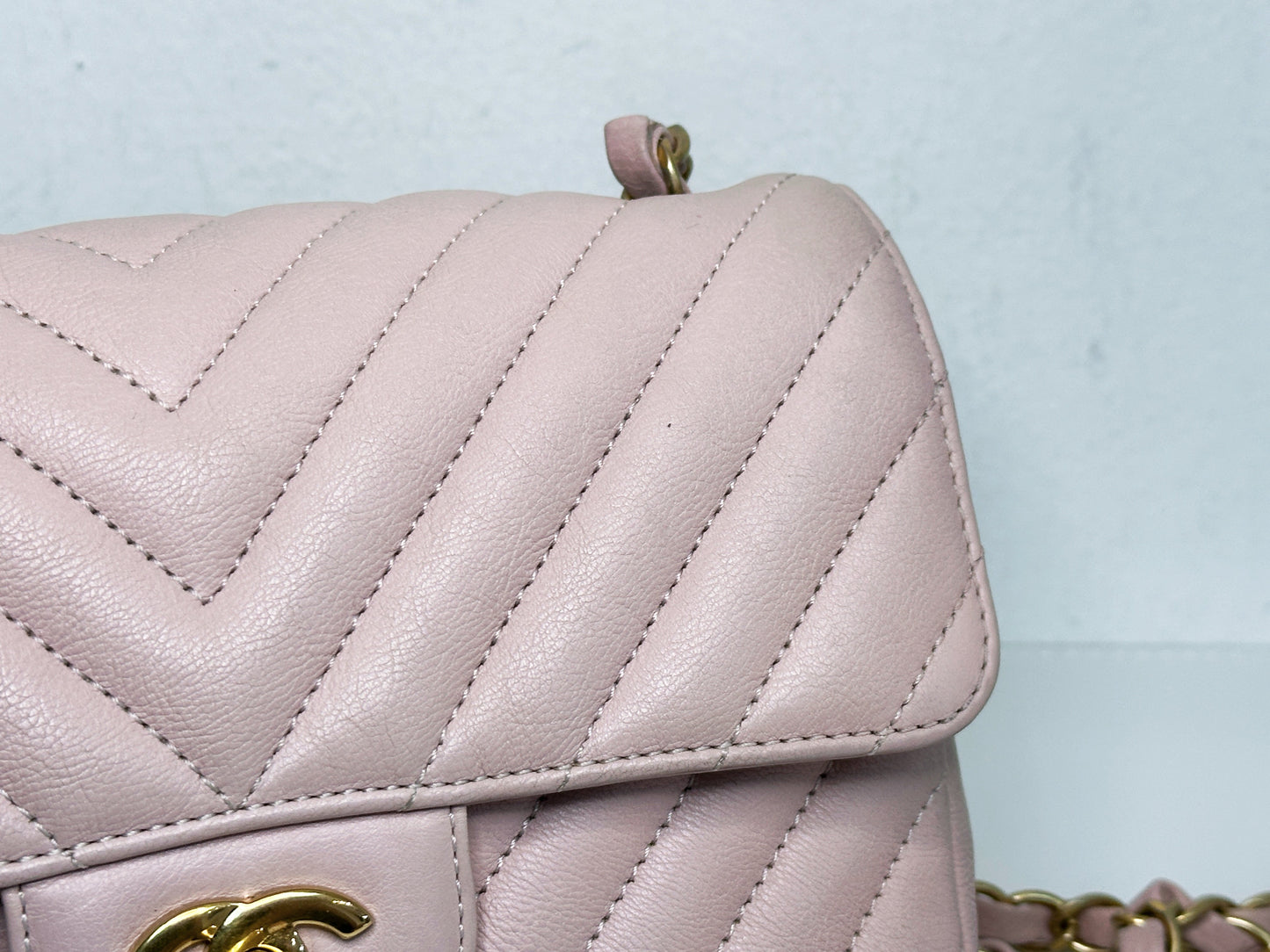 Chanel Classic Mini Rectangular 17C Light Pink Chevron Calfskin with brushed gold hardware ⁣⁣2383 holo card