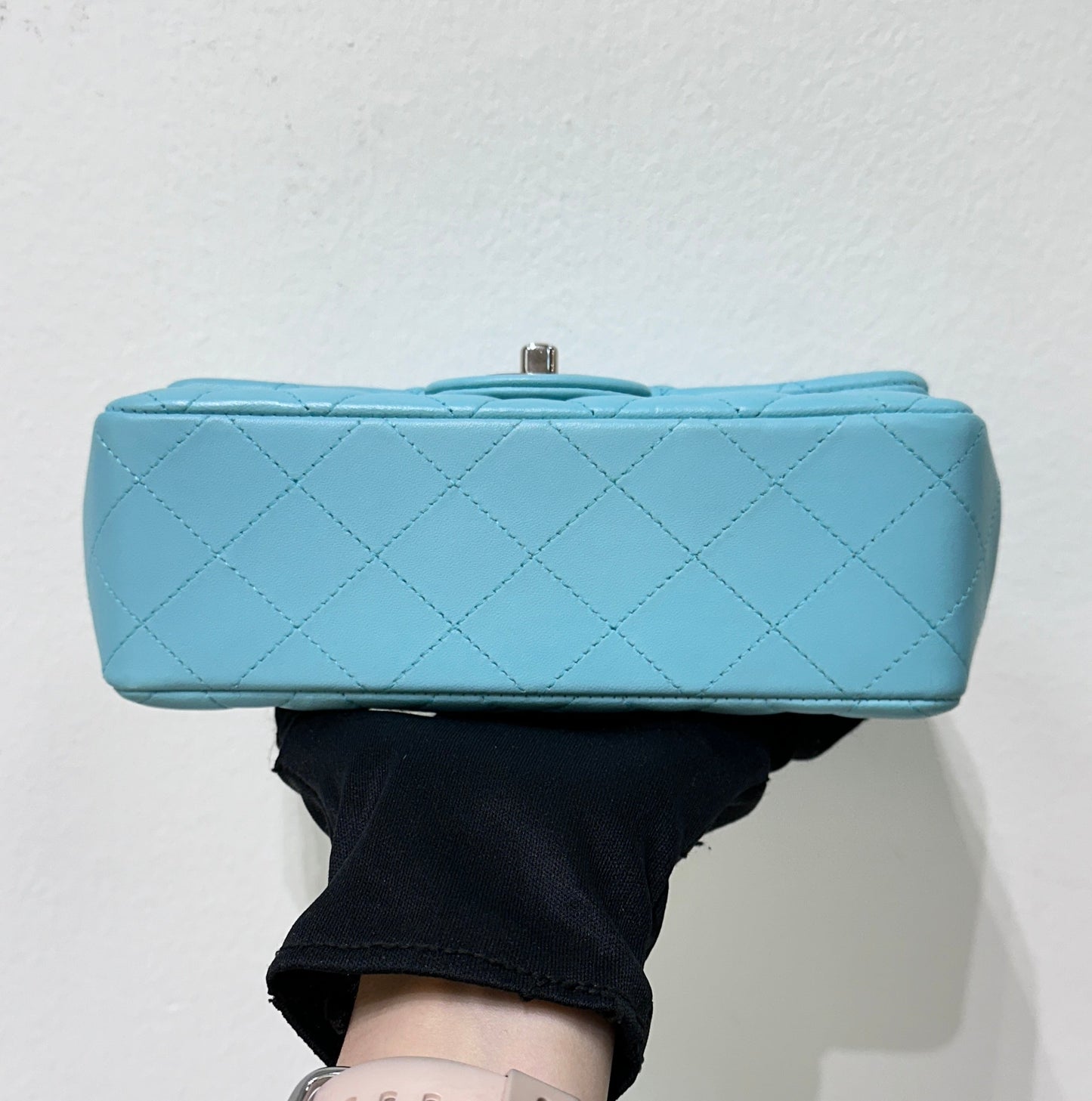 CHANEL 19C Tiffany Lambskin Quilted Mini Rectangular Flap Neon Blue