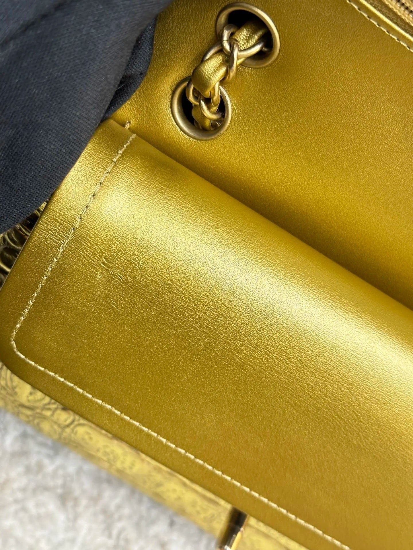 Chanel Medium  Calfskin Crocodile Embossed  Gold Metallic Flap Bag